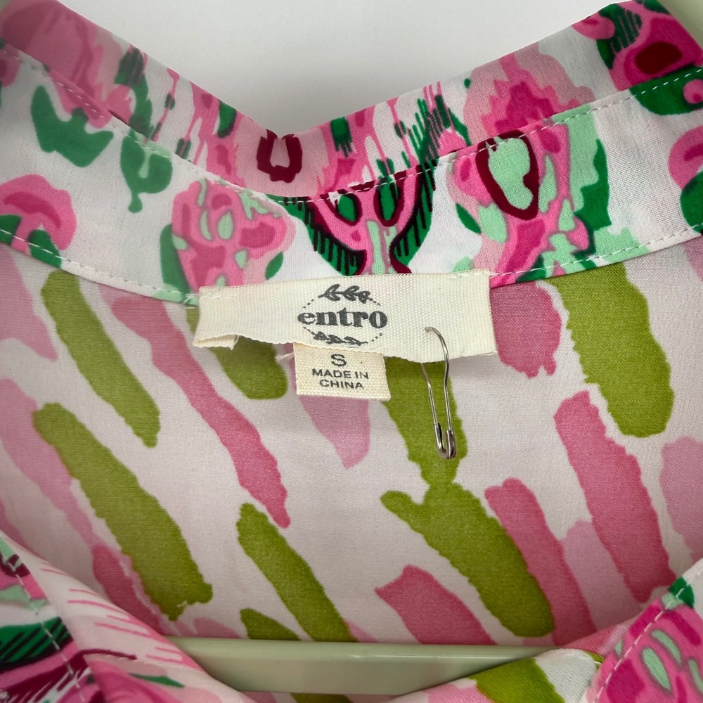 Entro Womens Small Pink Green Mixed Print Ikat Button Down Shirt Spring Oversize - Picture 2 of 7
